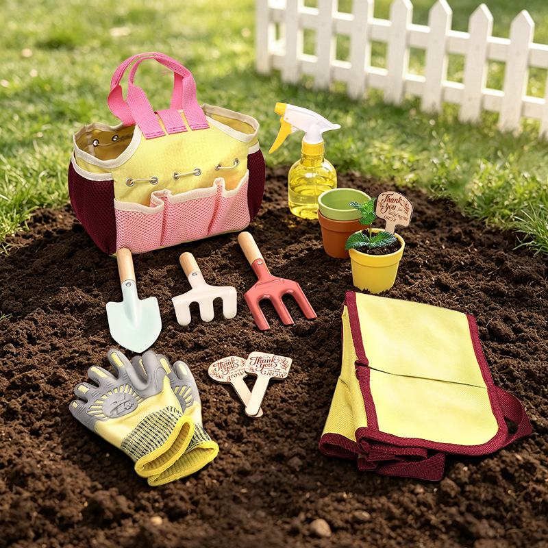 Gardening Tools Set Gift - キッズガーデンツールセットごっこ遊び屋外シャベル熊手鍬水まきポットエプロン手袋植栽ビーチおもちゃ子供の誕生日プレゼント