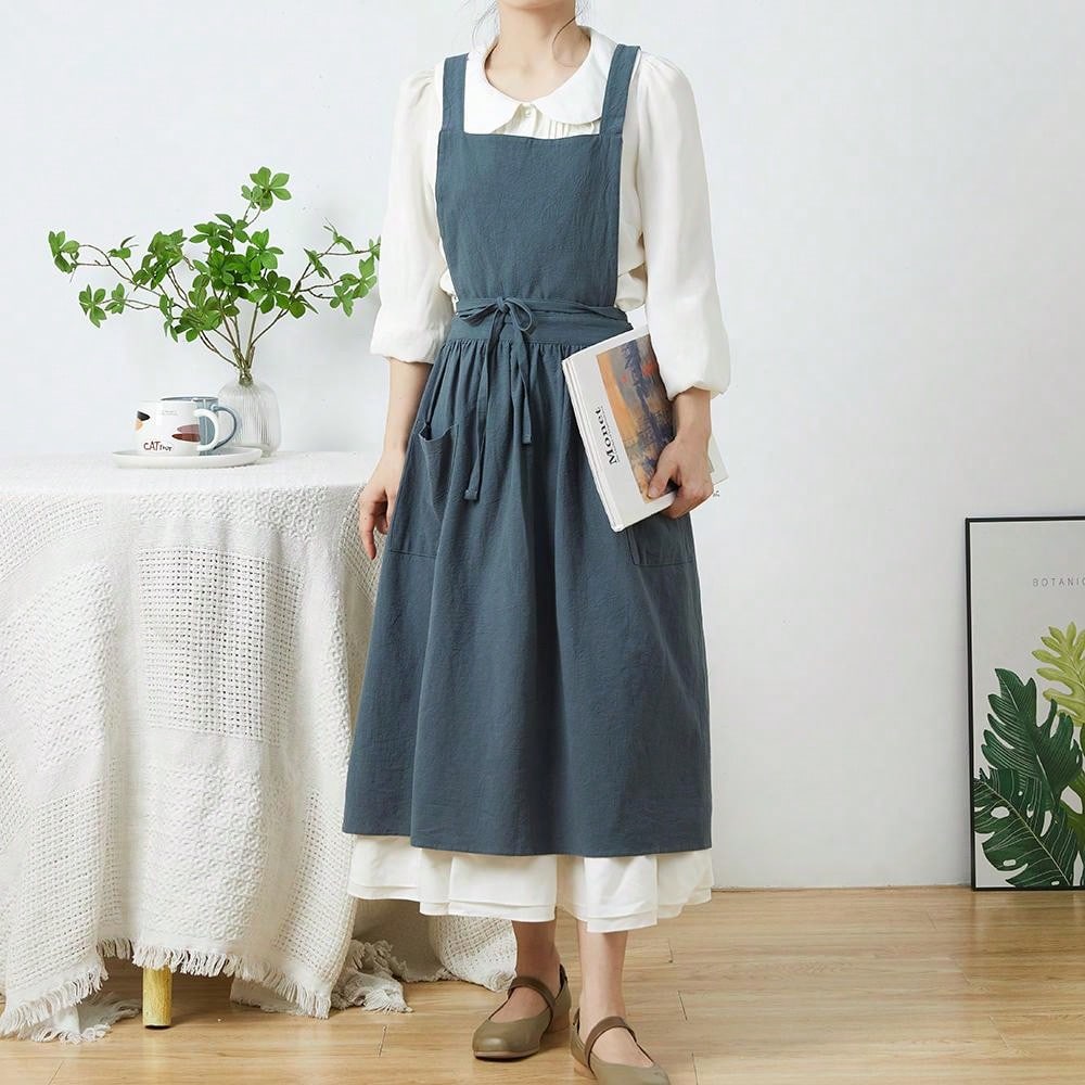 Gardening Tools Vintage - 簡単な北欧風プリーツスカートコットンリネンエプロン女性ガールズヴィンテージエプロンガーデニングワークスクロスバックピナフォアドレス