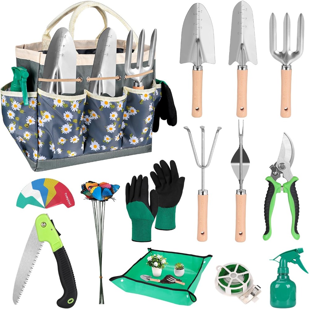 Gardening Tools Set Gift - ステンレス製シャベル、マット、剪定ばさみ、耐久性のあるバッグを含む62点のガーデンツールセット - ガーデナーへの理想的な贈り物