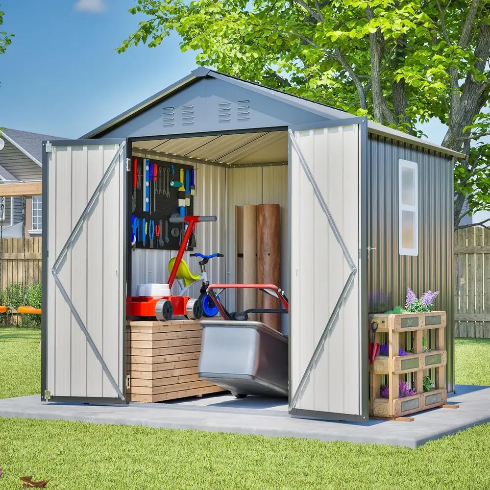 Gardening Tool - 6x6フィートの亜鉛メッキ鋼製屋外収納庫（ロック可能なドア、傾斜屋根、透明窓付き）、庭用具、裏庭、パティオ用