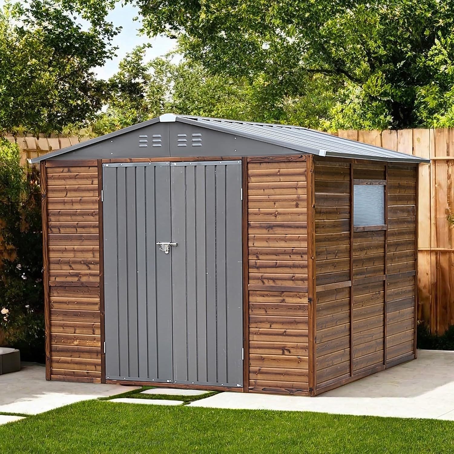 8x8フィートの屋外用木製＆金属製収納庫、防水仕様、窓と4つ - Gardening Tool のレビューと価格