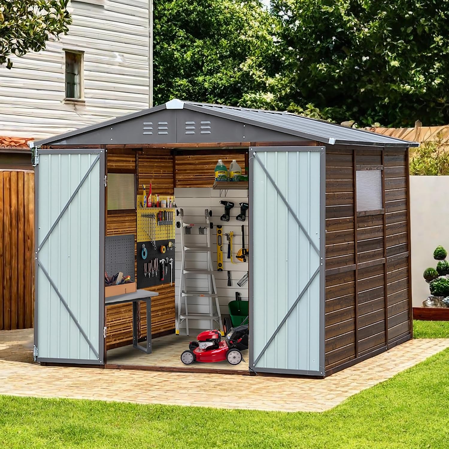 8x8フィートの屋外用木製＆金属製収納庫、防水仕様、窓と4つ - Gardening Tool のレビューと価格