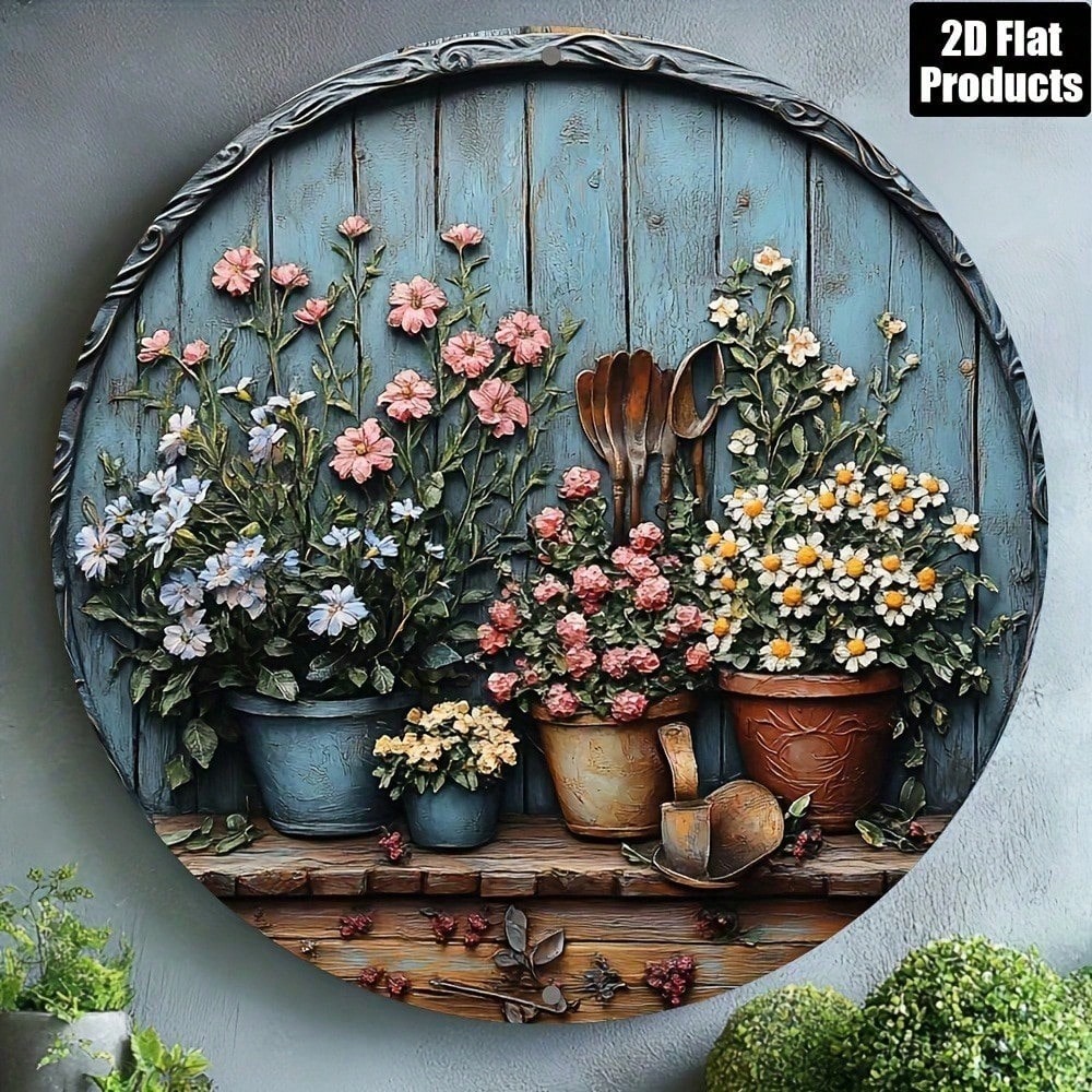 ヴィンテージラウンドアルミ製ウォールアート、素朴な8x8イン - Gardening Tools Vintage のレビューと価格
